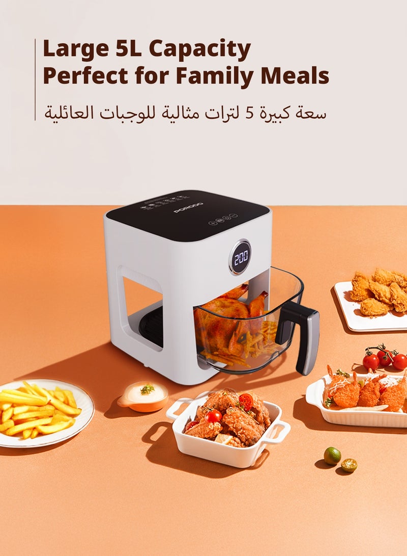 بورودو مقلاة هوائية زجاجية سعة 5 لتر مع لوحة تعمل باللمس و6 خيارات محددة مسبقًا / مؤقت يصل إلى 30 دقيقة / سلة مراقبة / دوران هواء توربو / سهلة الاستخدام / طهي صحي / - أبيض  - Image 5