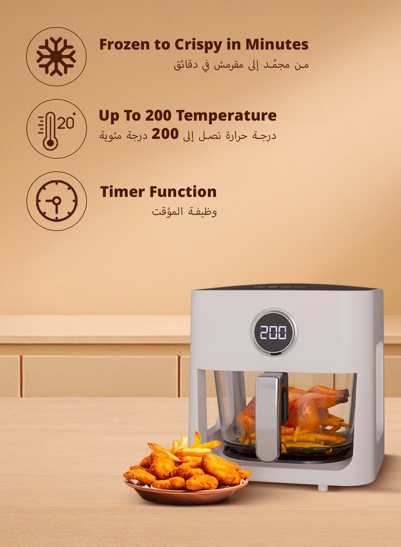 بورودو مقلاة هوائية زجاجية سعة 5 لتر مع لوحة تعمل باللمس و6 خيارات محددة مسبقًا / مؤقت يصل إلى 30 دقيقة / سلة مراقبة / دوران هواء توربو / سهلة الاستخدام / طهي صحي / - أبيض  - Image 2