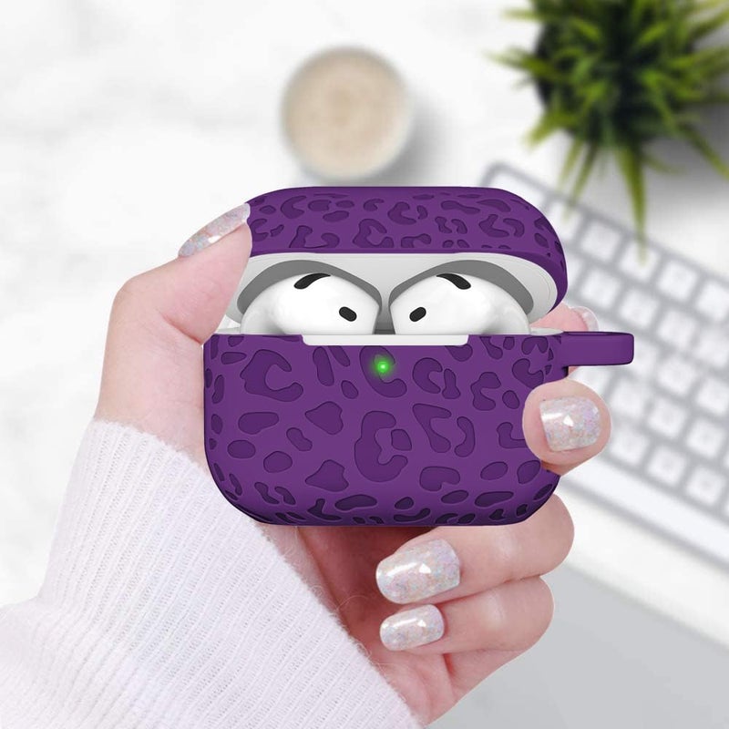 Gawnock Engraved Leopard Case Compatible with AirPods 4th Generation Cover with Keychain, Skin Soft Cover for Compatible with AirPods 4 Case Full Protection,Front LED Visible, Dark Purple - Image 3
