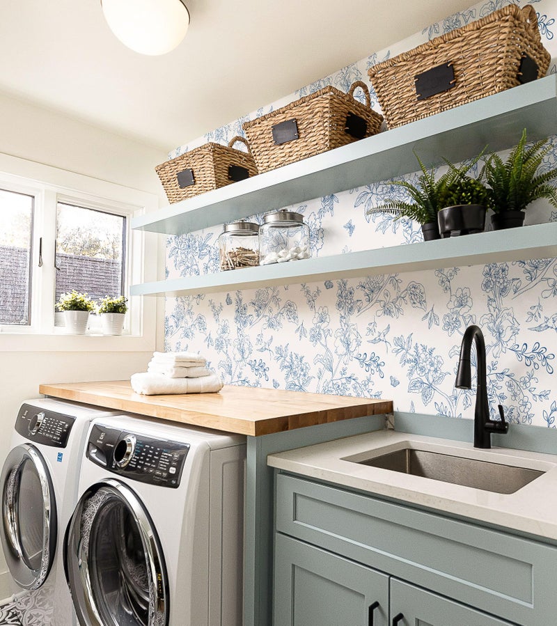 Froluya Cream White and Blue Floral Wallpaper Peel and Stick Wallpaper 17.7"x118.1" Vintage Floral Peel and Stick Wall Paper Removable Boho Self Adhesive Contact Paper for Bedroom Bathroom Vinyl - Image 3