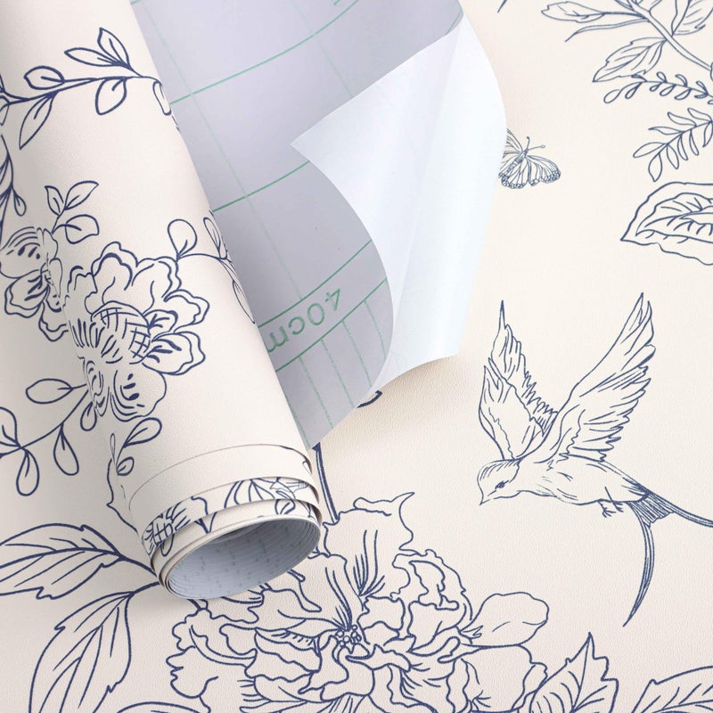 Froluya Cream White and Blue Floral Wallpaper Peel and Stick Wallpaper 17.7"x118.1" Vintage Floral Peel and Stick Wall Paper Removable Boho Self Adhesive Contact Paper for Bedroom Bathroom Vinyl - Image 5