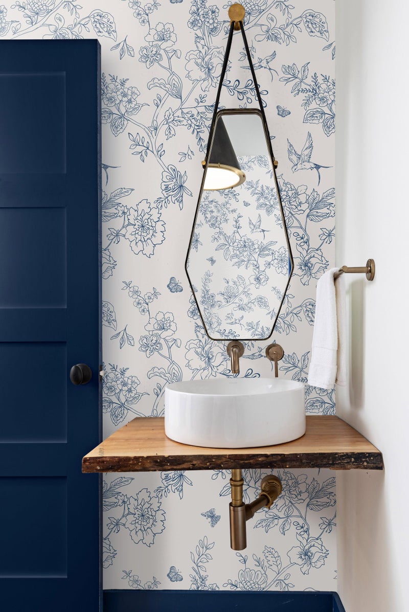 Froluya Cream White and Blue Floral Wallpaper Peel and Stick Wallpaper 17.7"x118.1" Vintage Floral Peel and Stick Wall Paper Removable Boho Self Adhesive Contact Paper for Bedroom Bathroom Vinyl - Image 2