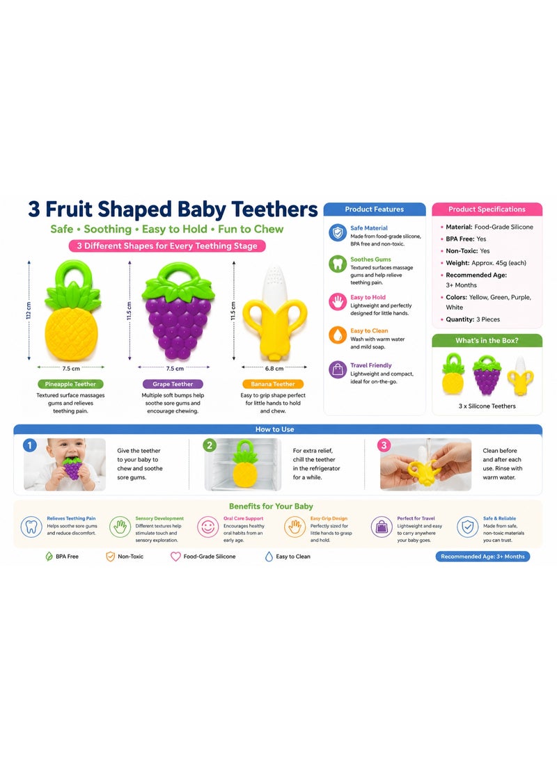 Baby Silicone Fruit Teether Set for Ages 3+ Months – 3 Different Shapes for Teething Relief & Easy Grip - Image 2