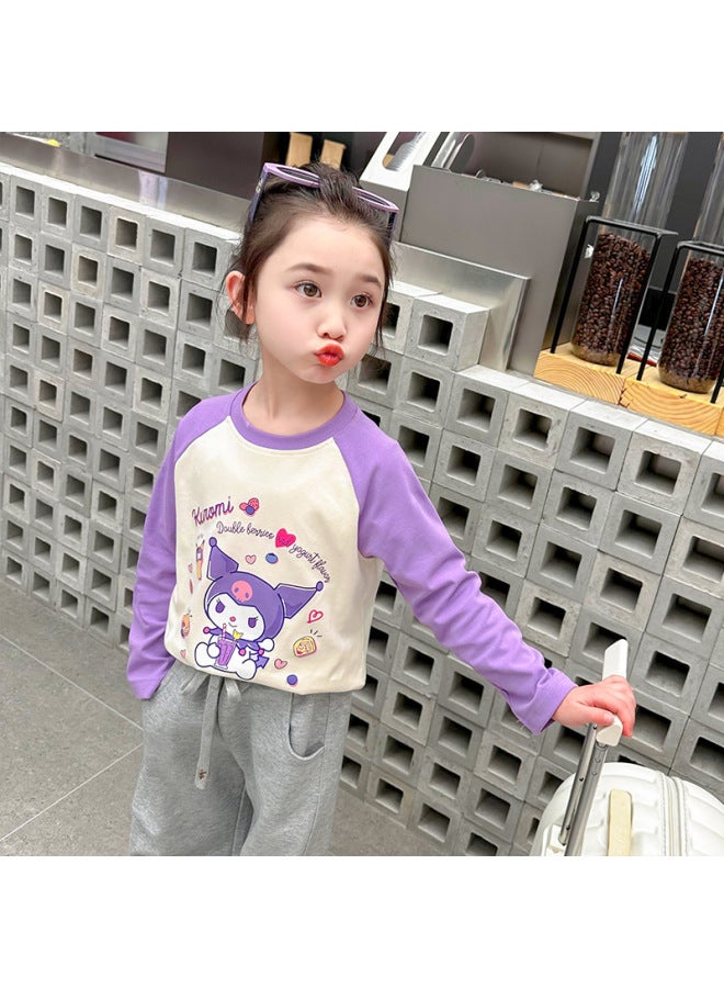 Girls  Early Autumn New Cartoon Kuromi Bottoming Shirt Sweet Printed Raglan Spring & Fall Thin T-shirt Top