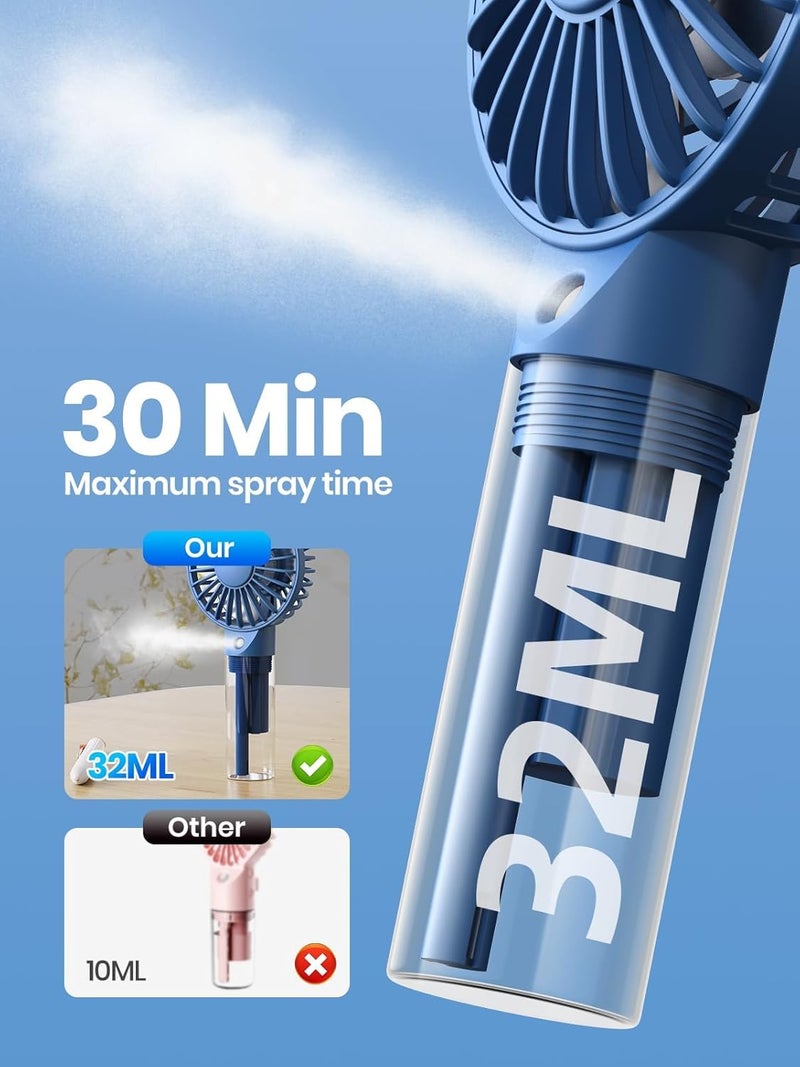TOPK مروحة رذاذ محمولة - مروحة يدوية قابلة لإعادة الشحن برذاذ ماء شخصي سعة 32 مل مروحة تبريد صغيرة للسفر، الهواء الطلق، المكياج، التخييم، المنزل، واستخدام المكتب (أزرق) - Image 2