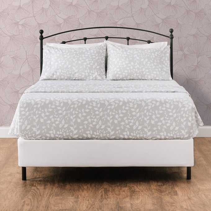 PREMIUM PRINTED KING BED SHEET SET 4PIECE SOFT FLORAL LEAVES PRINT 1 FLAT 1 FITTED SHEET 2 PILLOWCASES WRINKLE RESISTANT MICROFIBER SHEETS GRAY KING
