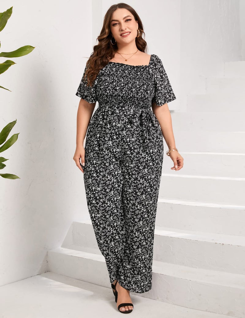 KOJOOIN Plus Size Casual Jumpsuits for Women Outfits Tie Belt Bell Sleeve Smocked Beach Wide Leg Floral Jumpsuits Black 2XL - Image 5