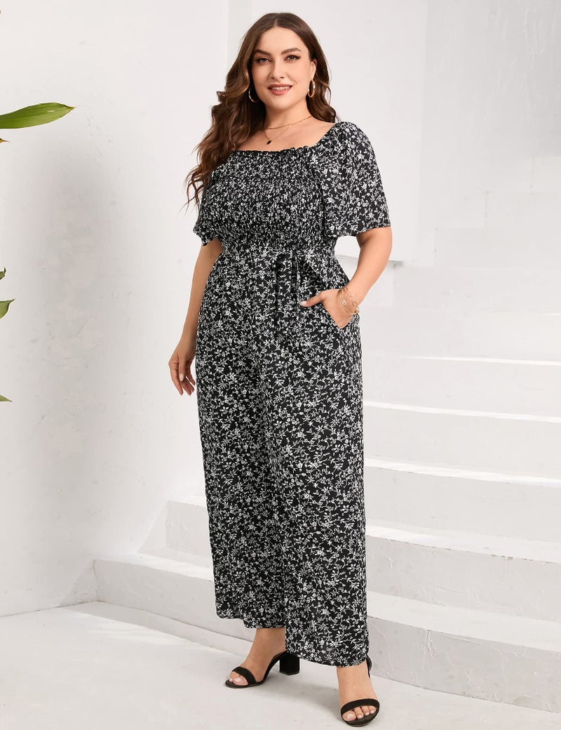 KOJOOIN Plus Size Casual Jumpsuits for Women Outfits Tie Belt Bell Sleeve Smocked Beach Wide Leg Floral Jumpsuits Black 2XL - Image 2