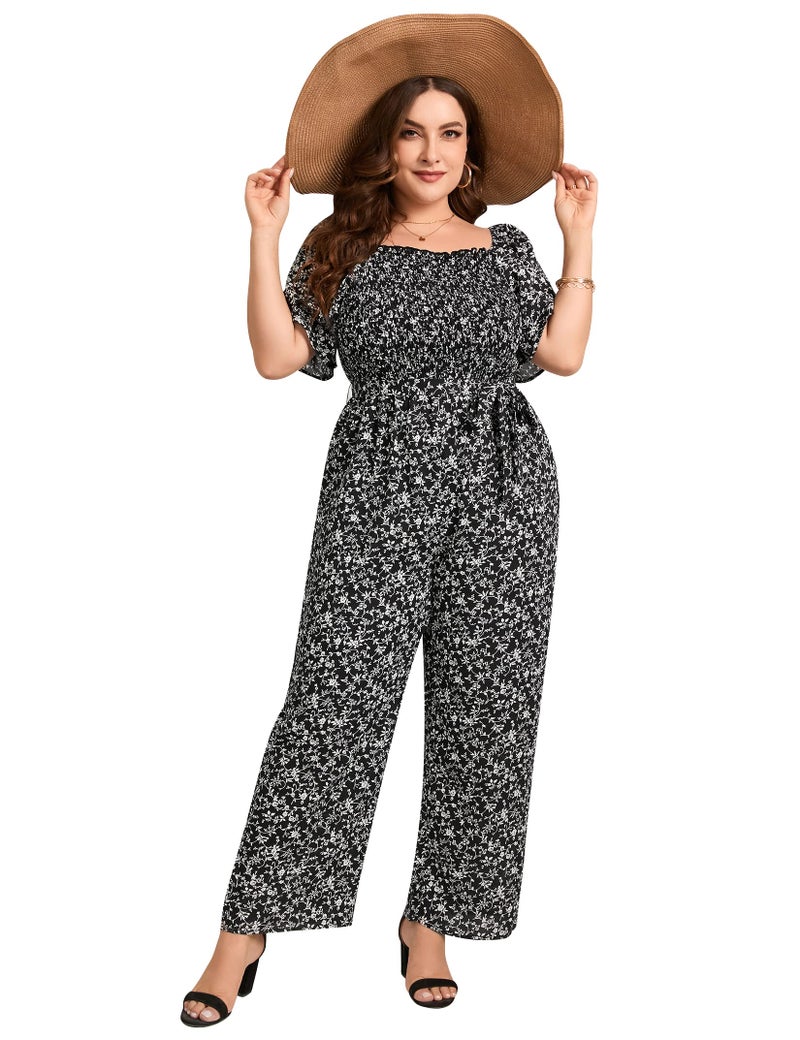KOJOOIN Plus Size Casual Jumpsuits for Women Outfits Tie Belt Bell Sleeve Smocked Beach Wide Leg Floral Jumpsuits Black 2XL - Image 1