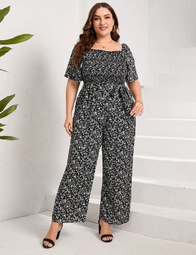 KOJOOIN Plus Size Casual Jumpsuits for Women Outfits Tie Belt Bell Sleeve Smocked Beach Wide Leg Floral Jumpsuits Black 2XL - Image 4