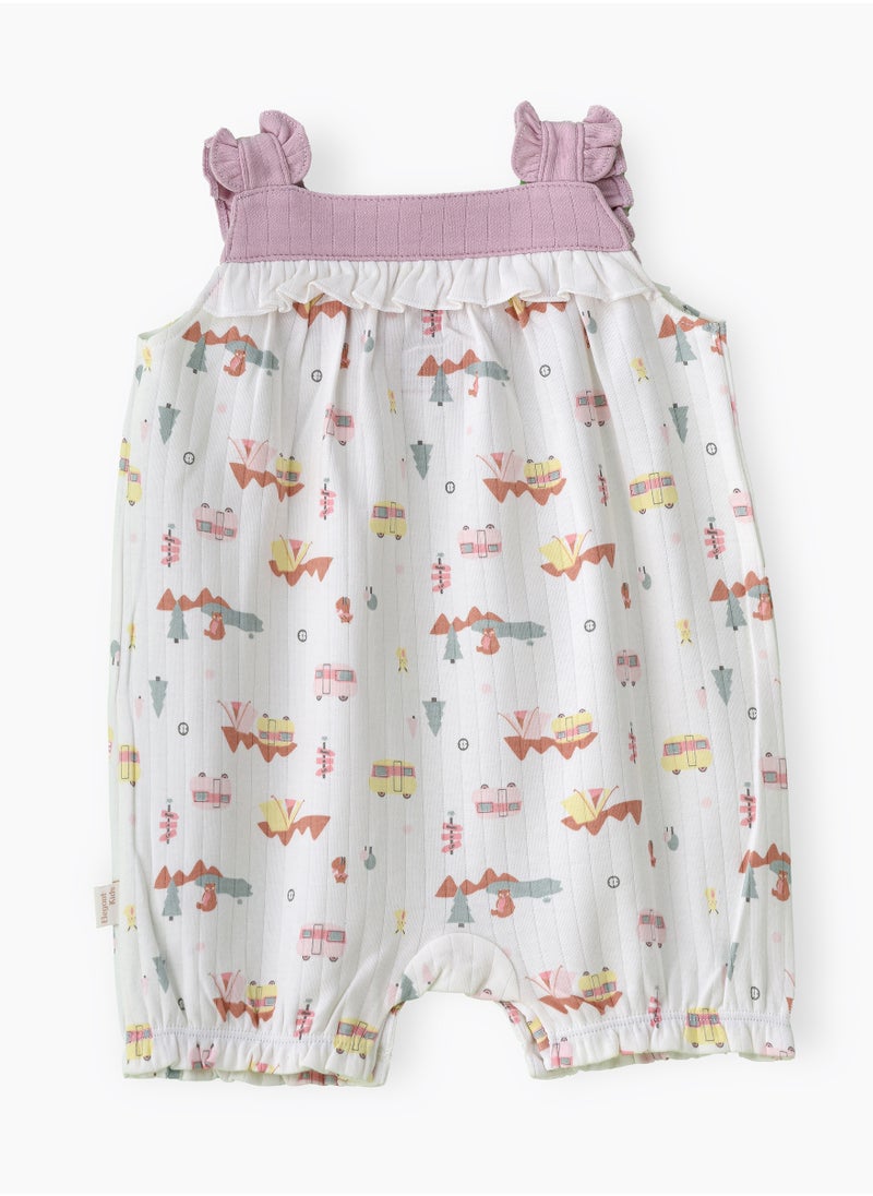 Elegant Kids Girls' Printed Sleeveless Romper with Fox Yoke and Ruffle Trim  - Image 2
