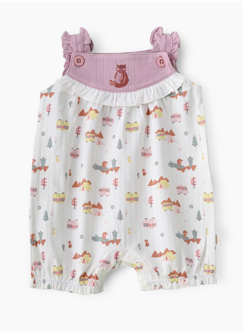 Elegant Kids Girls' Printed Sleeveless Romper with Fox Yoke and Ruffle Trim  - Image 1