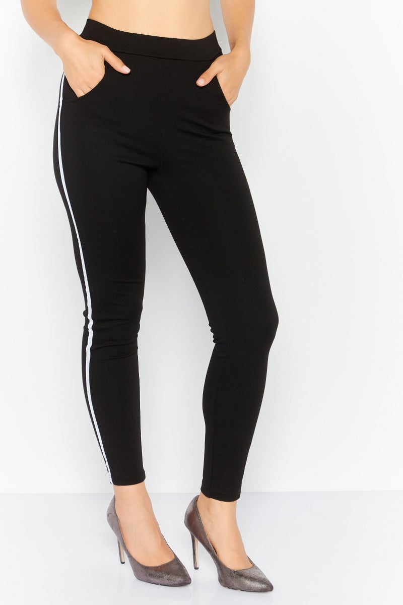 MODE Women Pull On Stripe Leggings, Black - Image 1