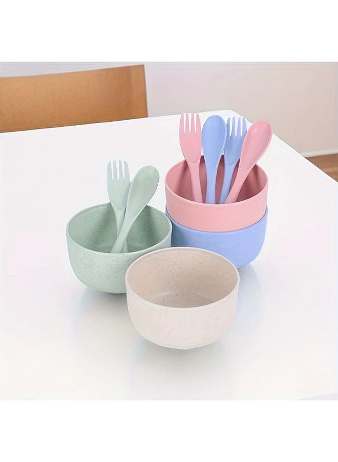 Mixed Color 12 Piece Wheat Straw Tableware Set Bowls Spoons Forks Disposable - Image 5