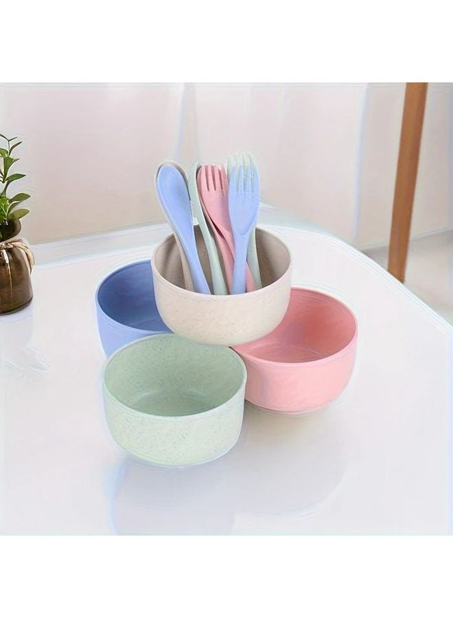 Mixed Color 12 Piece Wheat Straw Tableware Set Bowls Spoons Forks Disposable - Image 4