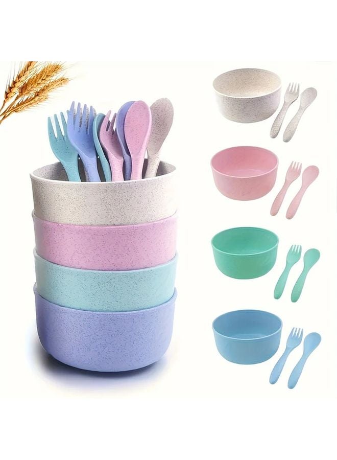 Mixed Color 12 Piece Wheat Straw Tableware Set Bowls Spoons Forks Disposable - Image 1