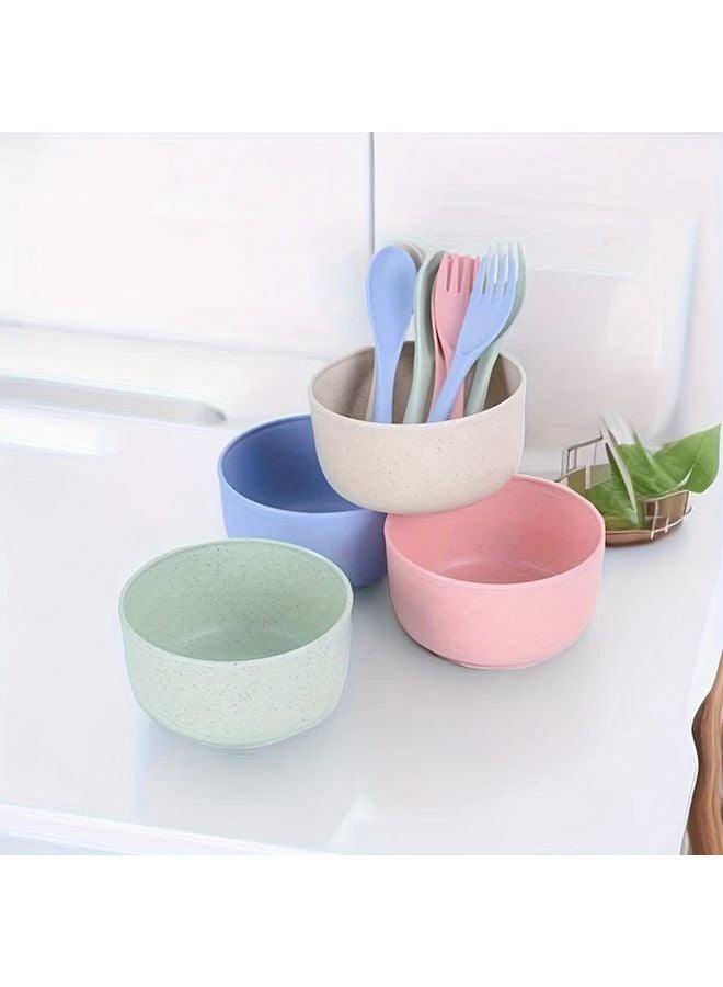 Mixed Color 12 Piece Wheat Straw Tableware Set Bowls Spoons Forks Disposable - Image 2