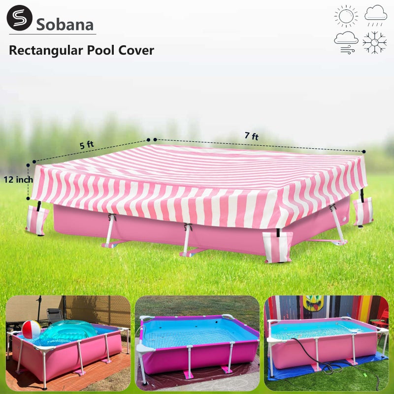 Sobana Rectangular Pool Cover,Waterproof Covers for 7' x 5' x 24" Rectangular Metal Frame Above Ground Outdoor Swimming Pool,with Tie-Down Ropes & 4 Sandbags,Increase Stability(Cover only,Pink) - Image 2