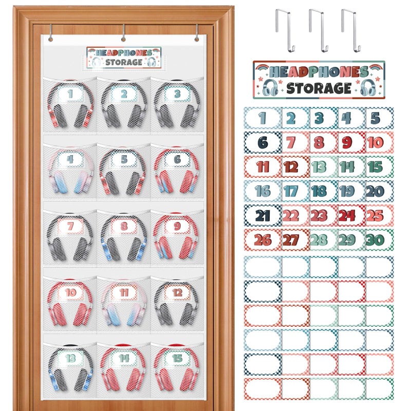 BOHEMIABY Headphone Storage Classroom with 15 Durable Polyester Mesh Pockets, Door Hanging Headphone Holder for Classroom Library, Headphone Organizer with 61 Reusable Card & 3 Hooks - Image 1