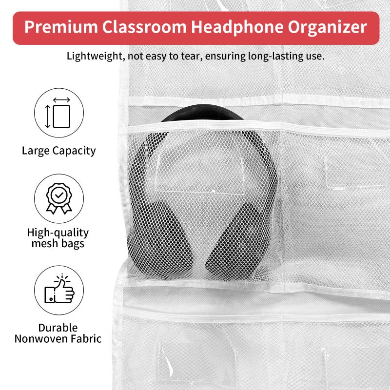 BOHEMIABY Headphone Storage Classroom with 15 Durable Polyester Mesh Pockets, Door Hanging Headphone Holder for Classroom Library, Headphone Organizer with 61 Reusable Card & 3 Hooks - Image 3