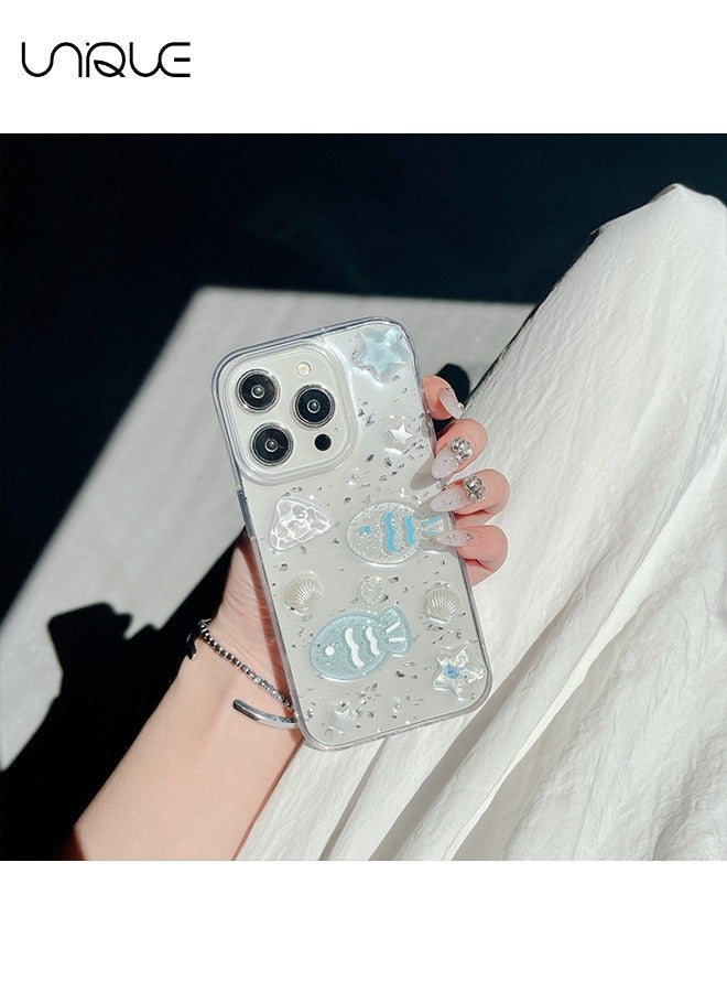 Unique For iPhone 16 Pro Phone Case - 3D Star Little Fish Shiny Phone Case - Clear Phone Case - Stylish and Simple Phone Case - TPU Drop Protection - Image 5