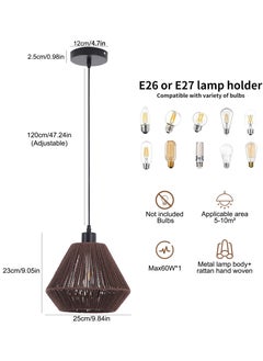Ganeed Woven Pendant Lights, Rustic Rattan Hanging Lamp Adjustable Handwoven Basket Shade, Boho Pendant Light Fixtures for Kitchen Island,Dining Room,Bedroom, Farmhouse Bar, Foyer Hallway,Brown 25cm  - Image 4