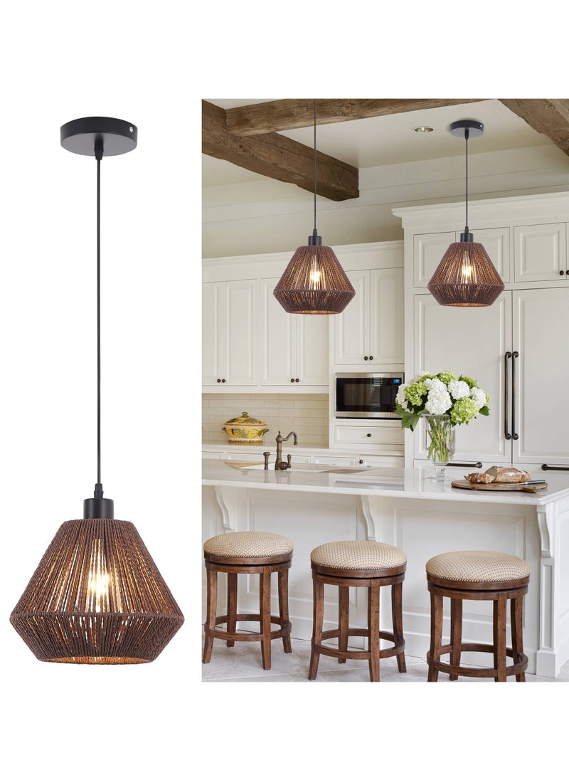Ganeed Woven Pendant Lights, Rustic Rattan Hanging Lamp Adjustable Handwoven Basket Shade, Boho Pendant Light Fixtures for Kitchen Island,Dining Room,Bedroom, Farmhouse Bar, Foyer Hallway,Brown 25cm  - Image 1