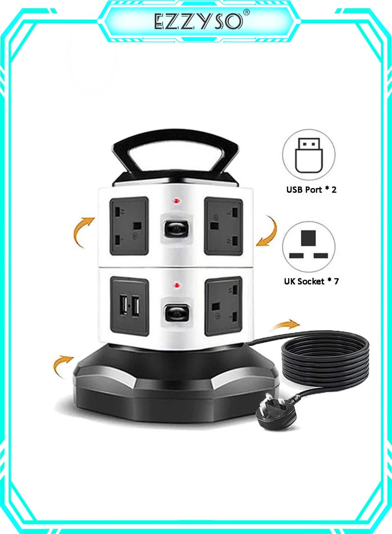 EzzySo برج حماية من زيادة التيار قابل للدوران، 7 مخرج بريطاني و 2 منفذ USB، موسع مخرج كهربائي مع كابل تمديد بطول 2 م للاستخدام المنزلي والمكتبي - Image 1