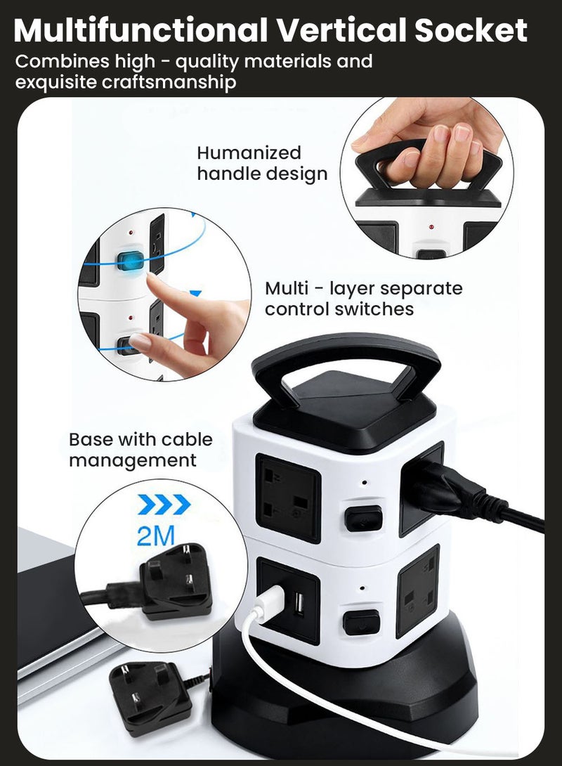 EzzySo برج حماية من زيادة التيار قابل للدوران، 7 مخرج بريطاني و 2 منفذ USB، موسع مخرج كهربائي مع كابل تمديد بطول 2 م للاستخدام المنزلي والمكتبي - Image 5