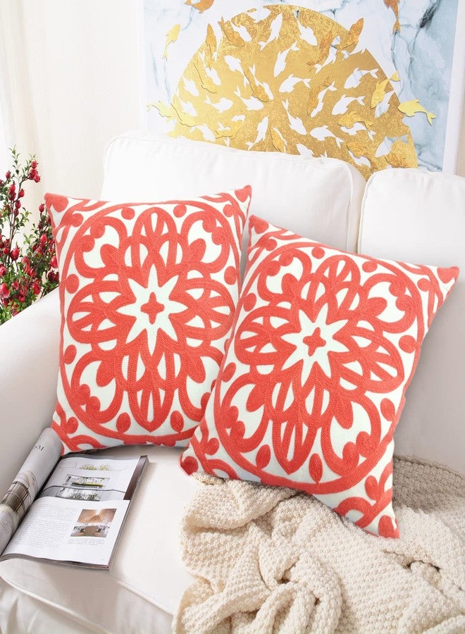 Alysheer Embroidered Decorative Throw Pillow Covers 18"x18" Set of 2pcs, Classic Boho Mandala Knit Pattern Cotton Canvas Cozy Cushion Cases for Sofa Couch Living Room (Coral Peach) - Image 4