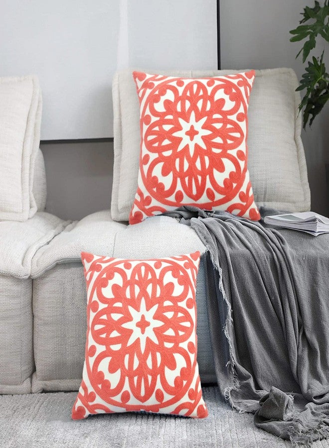 Alysheer Embroidered Decorative Throw Pillow Covers 18"x18" Set of 2pcs, Classic Boho Mandala Knit Pattern Cotton Canvas Cozy Cushion Cases for Sofa Couch Living Room (Coral Peach) - Image 2