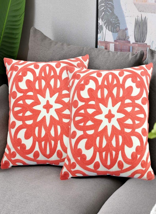 Alysheer Embroidered Decorative Throw Pillow Covers 18"x18" Set of 2pcs, Classic Boho Mandala Knit Pattern Cotton Canvas Cozy Cushion Cases for Sofa Couch Living Room (Coral Peach) - Image 1