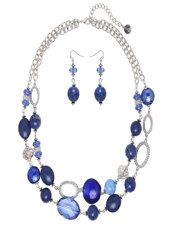 Coiris Women's Beaded 2 Layer Strand Statement Necklace with Earrings Collar Jewelry Set (N0003-Navy Blue) - Image 1