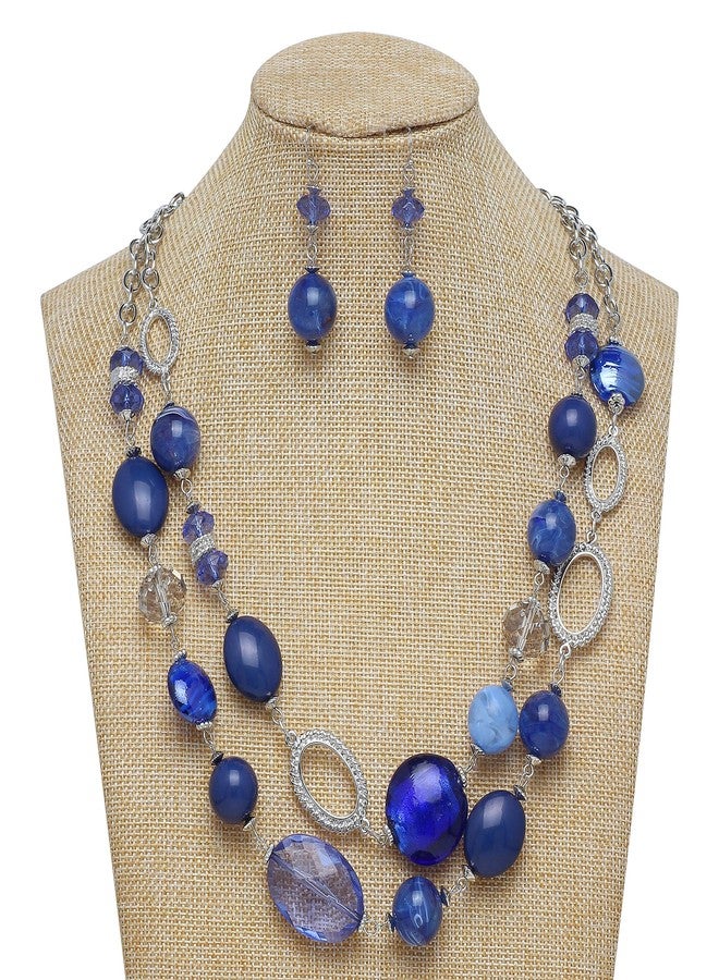 Coiris Women's Beaded 2 Layer Strand Statement Necklace with Earrings Collar Jewelry Set (N0003-Navy Blue) - Image 2