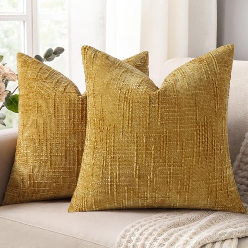 decorUhome Summer Mustard Yellow Chenille Throw Pillow Covers 20x20 Set of 2 Textured Soft Cozy Slubby Couch Pillow Covers Modern Farmhouse Boho Decorative Pillow Cases for Bed Sofa Living Room - Image 1