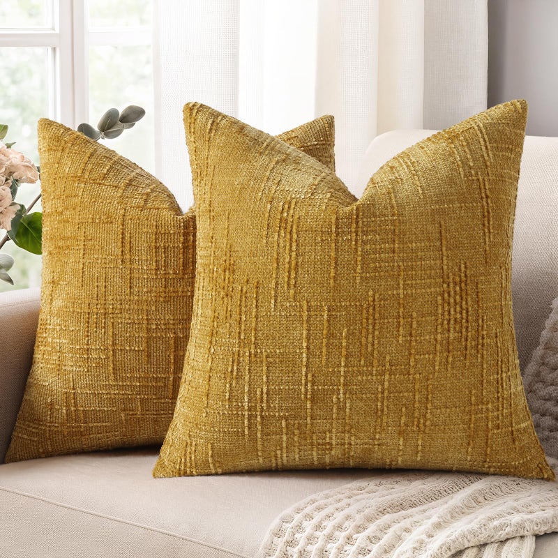 decorUhome Summer Mustard Yellow Chenille Throw Pillow Covers 20x20 Set of 2 Textured Soft Cozy Slubby Couch Pillow Covers Modern Farmhouse Boho Decorative Pillow Cases for Bed Sofa Living Room - Image 2
