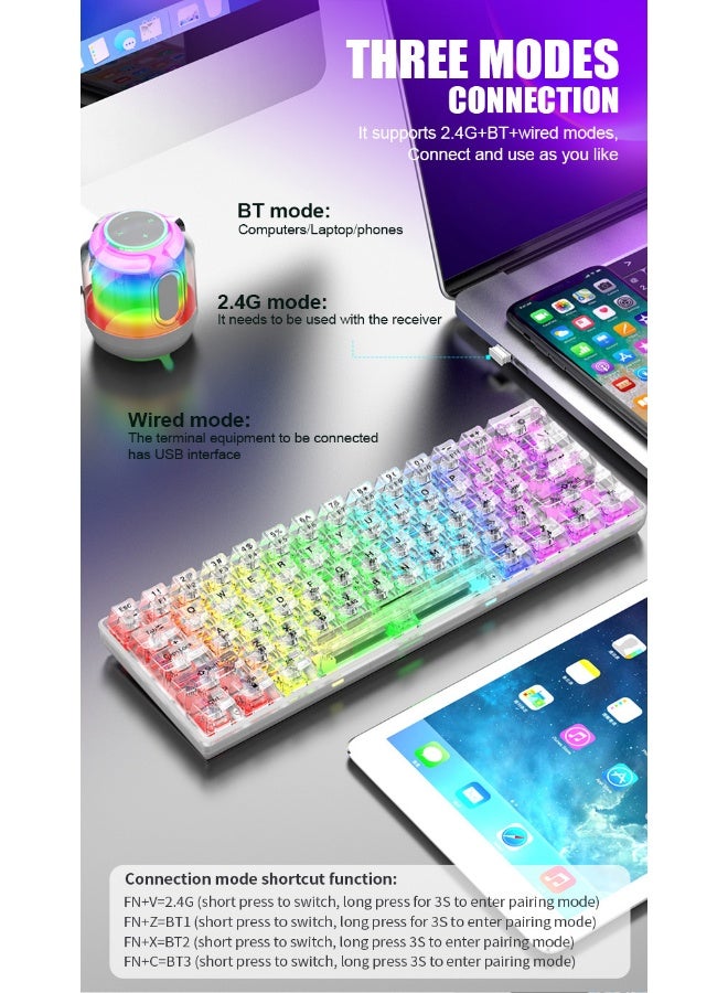 XUNFOX XUNFOX K30Pro wireless Bluetooth three-mode transparent mechanical keyboard white axis hot-swappable RGB keyboard - Black  - Image 2