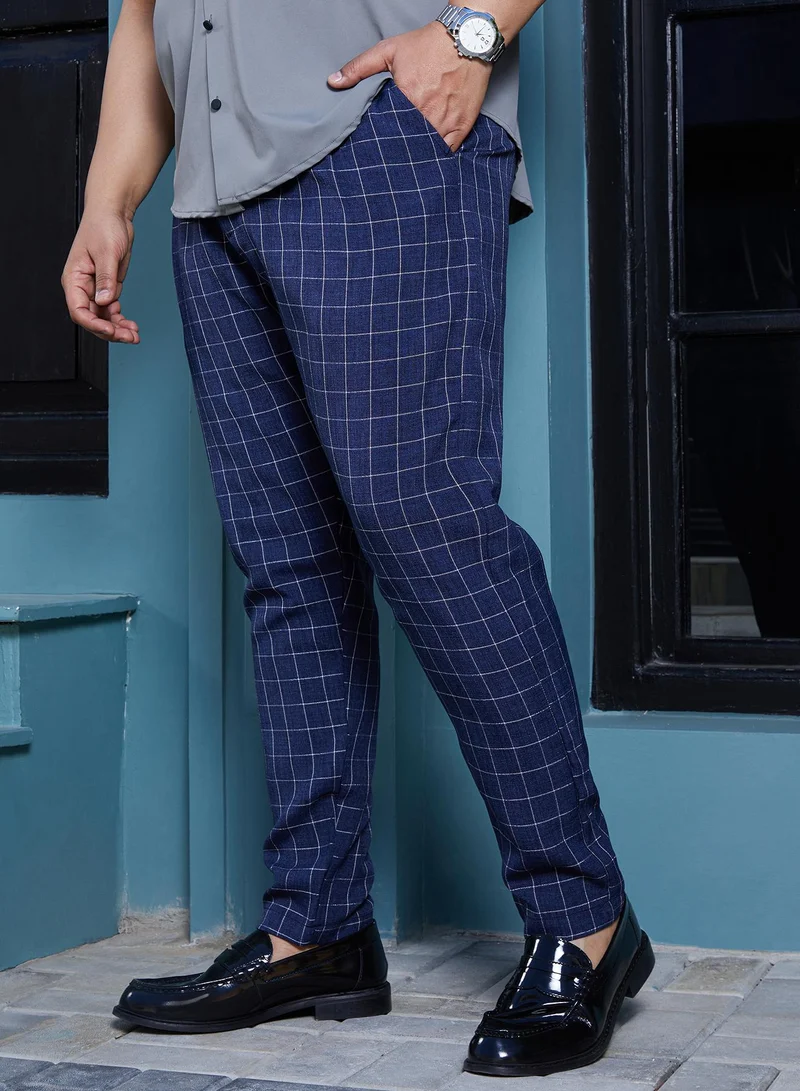 Instafab Plus  Men's Navy Blue Graph Tailored Trousers For Casual Wear | Mid-Rise | Regular Fit | Button Closure | Plus Size Trousers Crafted With Comfort Fit For Everyday Wear for Men | Best Price UAE