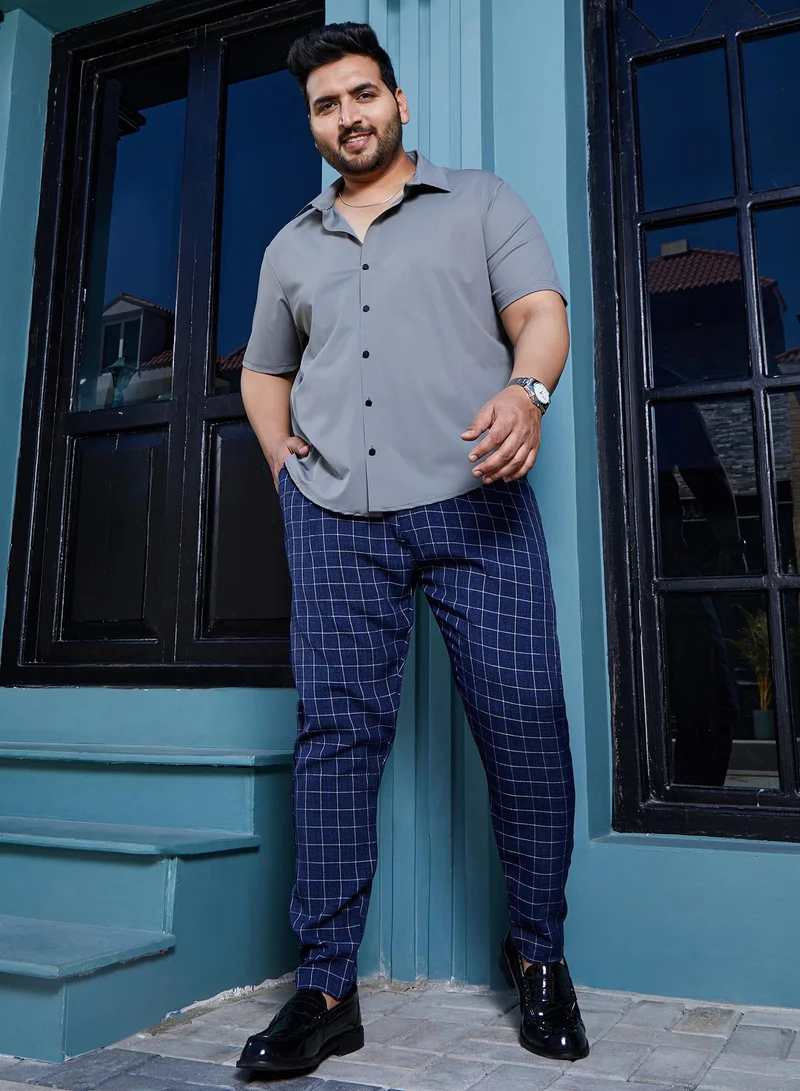 Instafab Plus  Men's Navy Blue Graph Tailored Trousers For Casual Wear | Mid-Rise | Regular Fit | Button Closure | Plus Size Trousers Crafted With Comfort Fit For Everyday Wear for Men | Best Price UAE