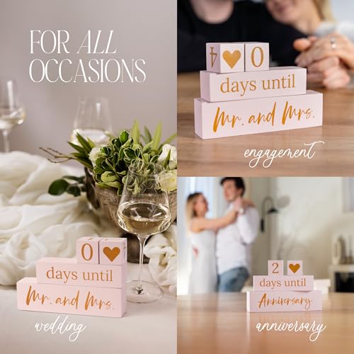 J&A Homes Wedding Countdown Blocks for Bride, Mr and Mrs Wooden Countdown Calendar, Engagement Gift for Her, Blush and Gold Wedding Decor, Days Until Sign, Bridal Shower Gift Keepsake - Image 4