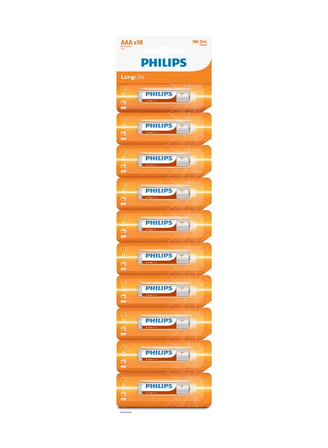 Philips Long Life  Zinc AAA Battery - 10 Pack Multicolour