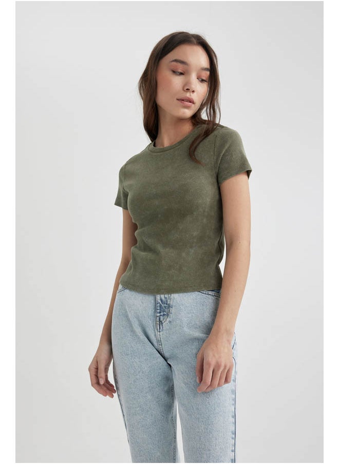 DeFacto - Woman Fitted Crew Neck Knitted Short Sleeve T-Shirt - Image 1