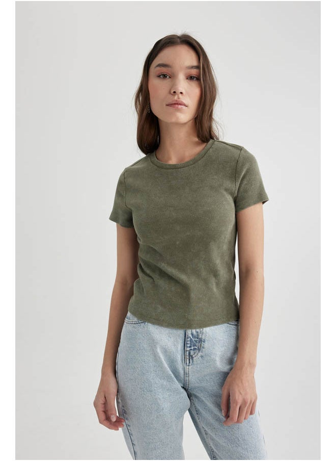DeFacto - Woman Fitted Crew Neck Knitted Short Sleeve T-Shirt - Image 1