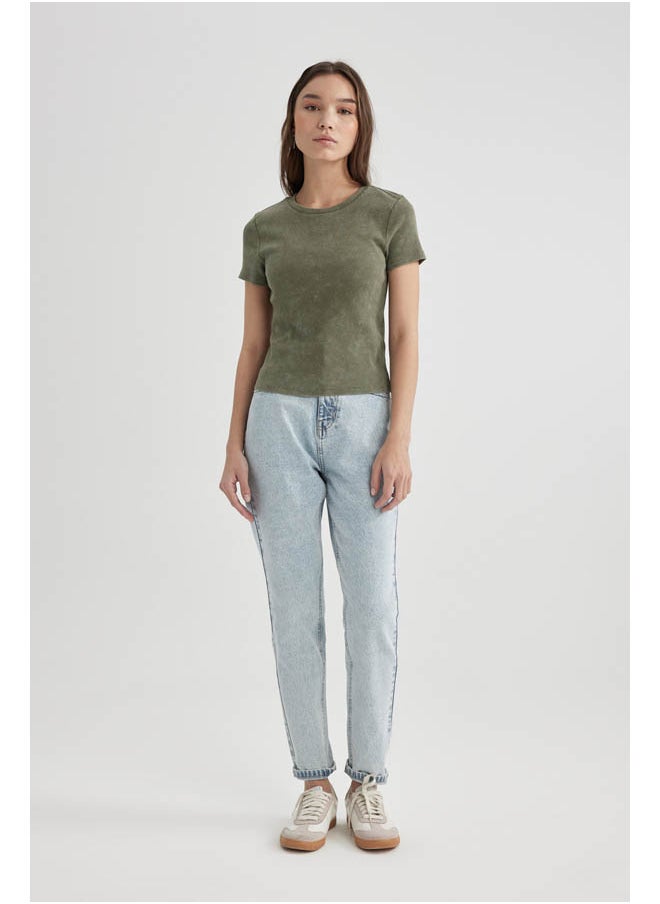 DeFacto - Woman Fitted Crew Neck Knitted Short Sleeve T-Shirt - Image 1