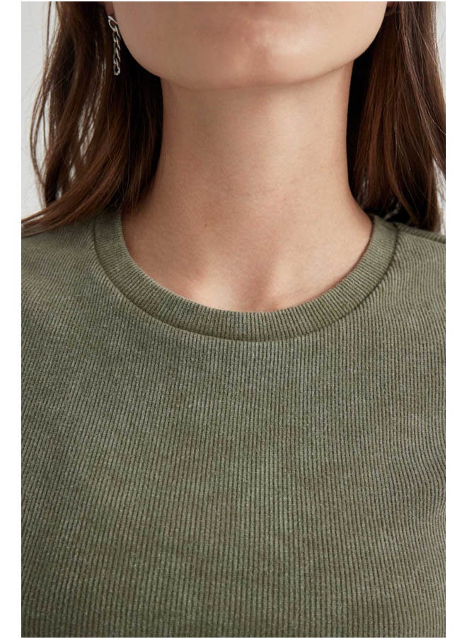 DeFacto - Woman Fitted Crew Neck Knitted Short Sleeve T-Shirt - Image 1