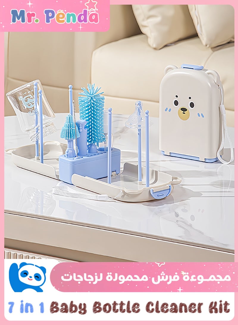 Mr. Penda Portable Baby Bottle Brush Set - 7 in 1 Baby Bottle Cleaner Kit, Baby Travel Essential Bottle Washing Kit with Silicone Bottle Brush, Nipple Brush, Straw Brush, Drying Rack for Home and Travel (Blue Bear) - Image 1