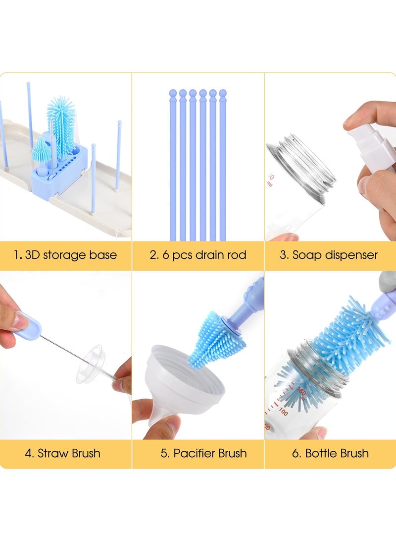 Mr. Penda Portable Baby Bottle Brush Set - 7 in 1 Baby Bottle Cleaner Kit, Baby Travel Essential Bottle Washing Kit with Silicone Bottle Brush, Nipple Brush, Straw Brush, Drying Rack for Home and Travel (Blue Bear) - Image 3