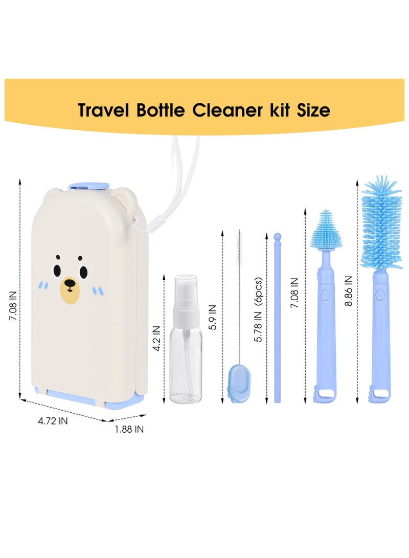 Mr. Penda Portable Baby Bottle Brush Set - 7 in 1 Baby Bottle Cleaner Kit, Baby Travel Essential Bottle Washing Kit with Silicone Bottle Brush, Nipple Brush, Straw Brush, Drying Rack for Home and Travel (Blue Bear) - Image 2