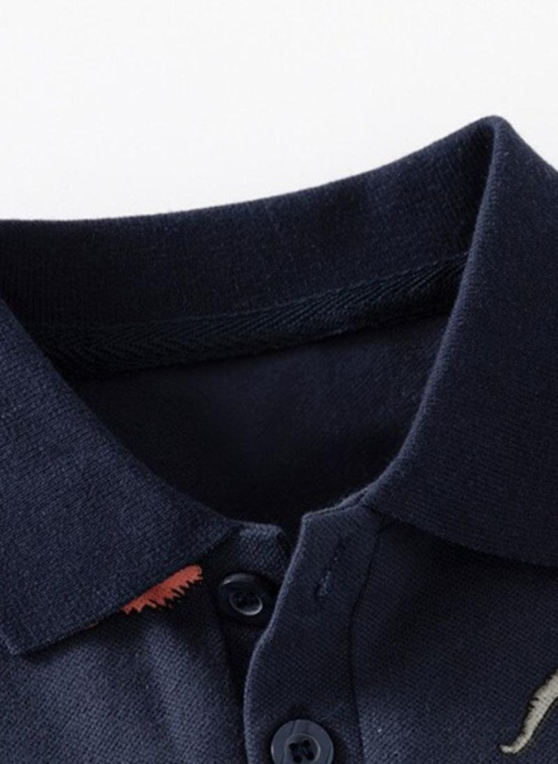 يونيكي Navy Blue Printed Polo Collar Cotton T-shirt - Image 3