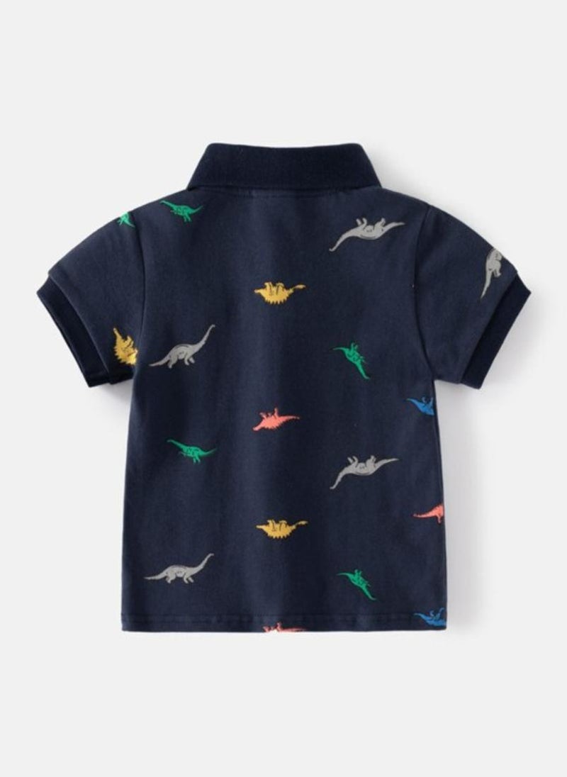 يونيكي Navy Blue Printed Polo Collar Cotton T-shirt - Image 2